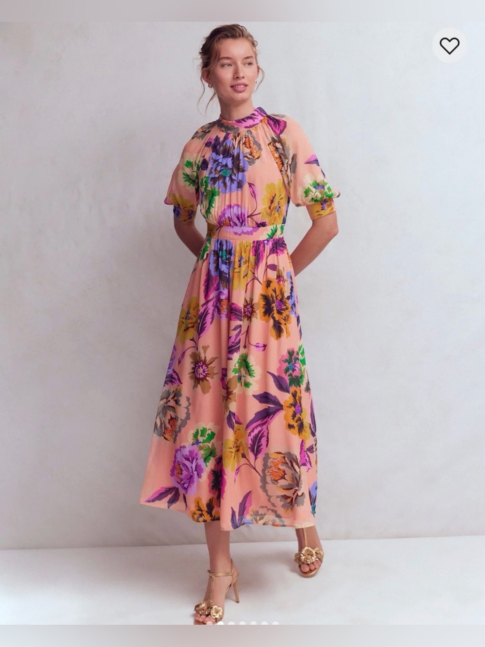 Boden Peach Floral Midi Dress with Purple and Yellow Blooms